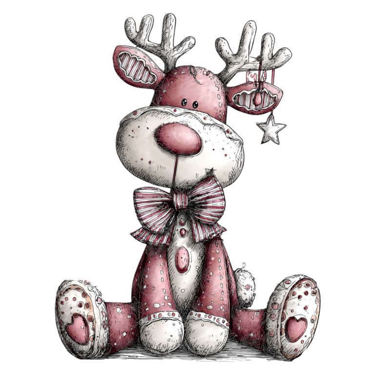 Christmas reindeer stuffed toy with striped bow tie and hanging star charm, Grey Barn Handwerk, Saskatchewan.